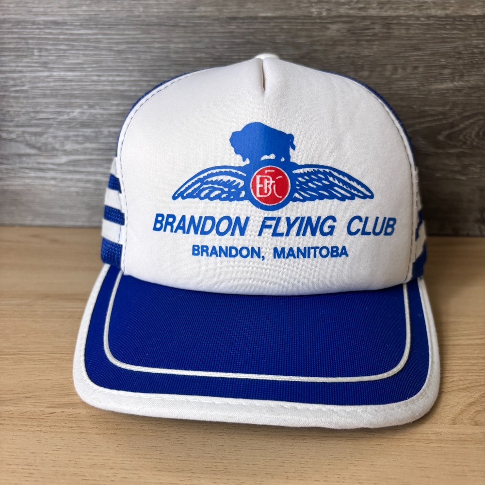 Vintage Brandon Flying Club Hat Cap Snap Back Blue Trucker 3 Stripe Manitoba